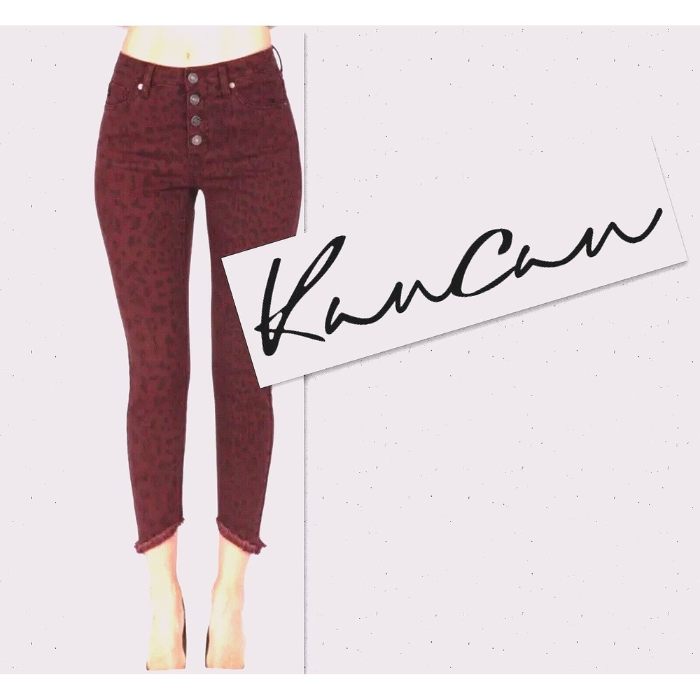 Kancan Women's 5/26 High Rise Jeans Cropped Skinny Leopard Slanted Raw Hem Sz 26